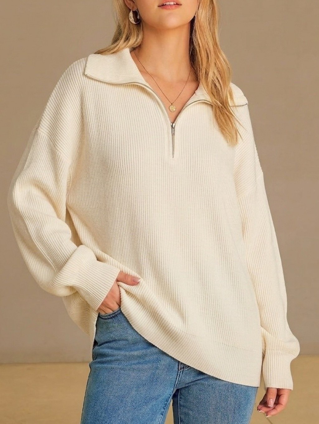 Arach & Cloz Cream Ribbed Half-Zip Pullover | Size Xl Oversized